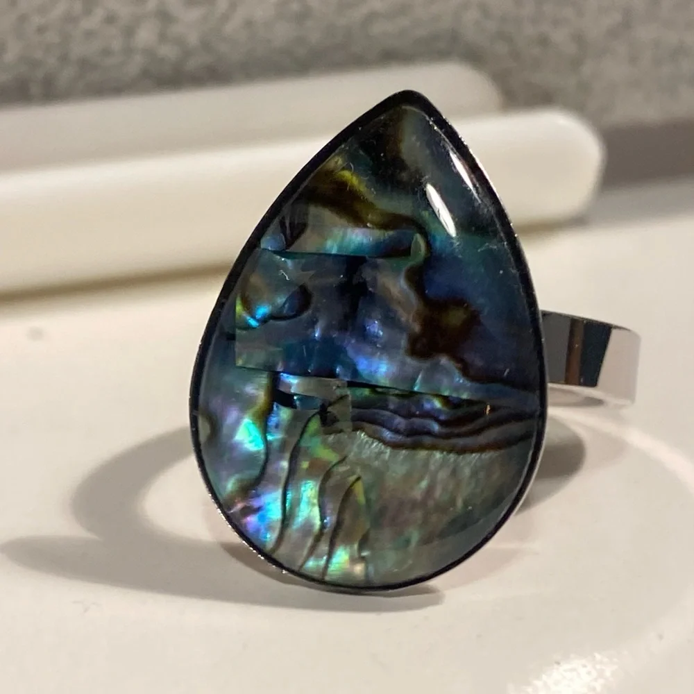 NEW Oversized Abalone Statement Ring Silver Boho Iridescent Beach Jewelry waterp